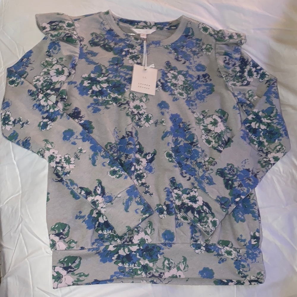 LC Lauren Conrad blue floral longsleeve sweater shirt flutter ruffle sleeve S​ - Picture 6 of 13